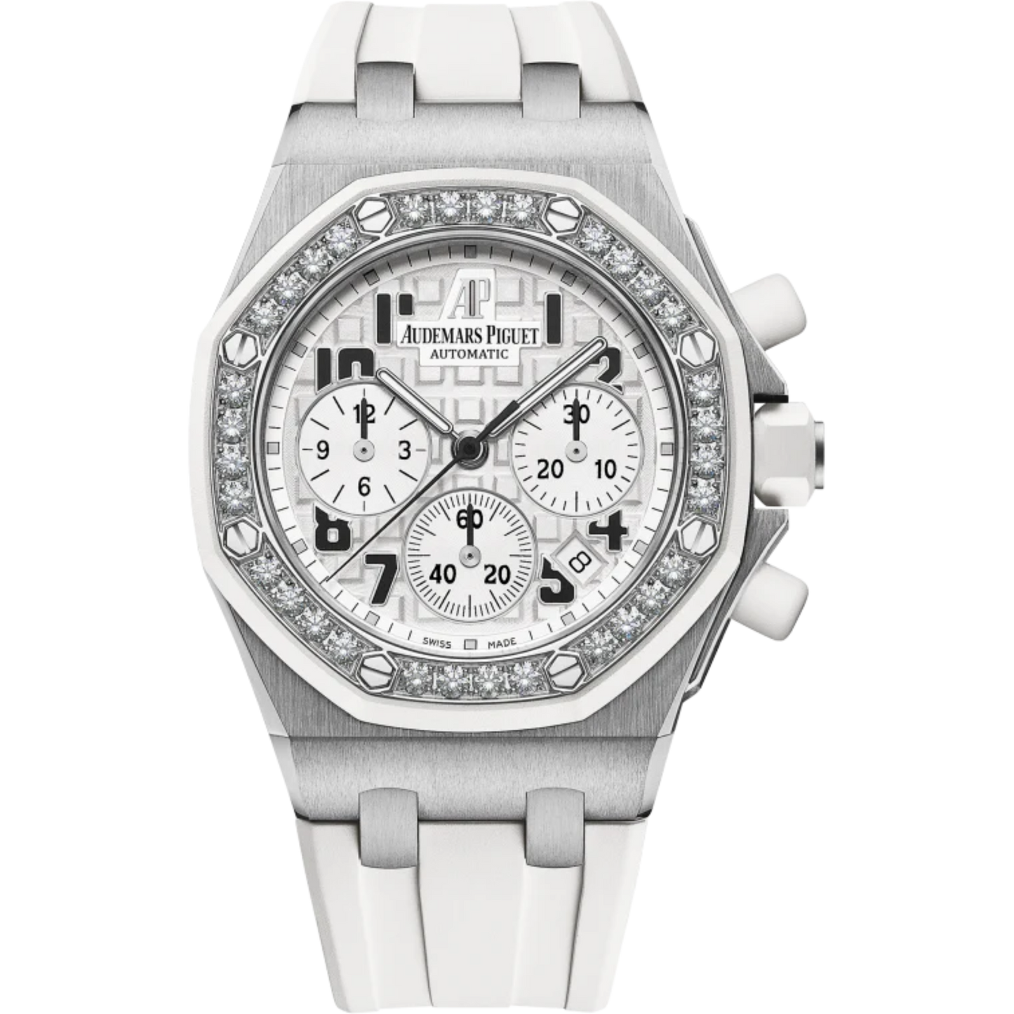 Royal Oak Offshore Chronograph 37MM White Rubber Strap White Dial With Méga Tapisserie Pattern Stainless Steel Case Diamond-Set Bezel