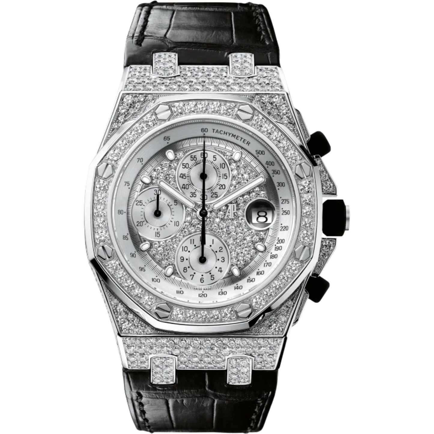 Royal Oak Offshore Chronograph 42MM Black Alligator Strap Diamond-Paved Dial 18-Carat White Gold Case Entirely Set With Diamonds