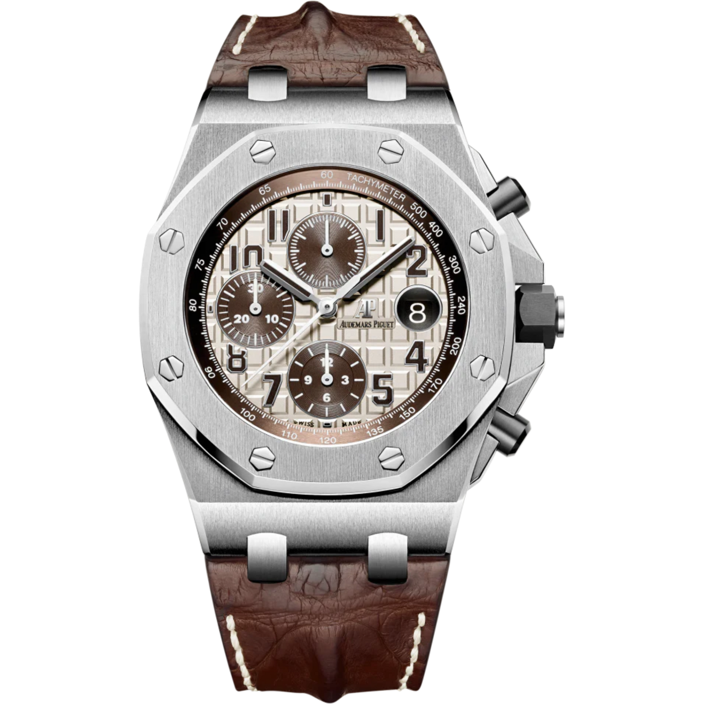 Royal Oak Offshore Chronograph 42MM Brown Alligator Strap Ivory-Toned Dial With Méga Tapisserie Pattern Stainless Steel Case