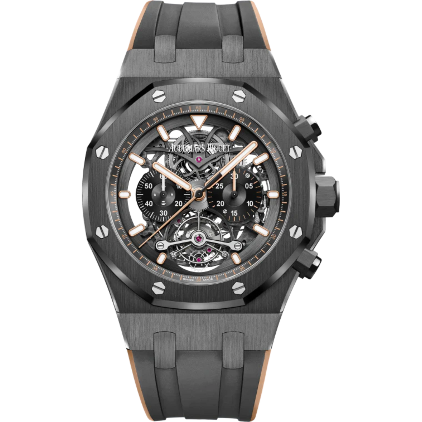 Royal Oak Tourbillon Chronograph Openworked 44MM Two-Tone Black and Pink Gold-Toned Rubber Strap Openworked Satin-Brushed Black Dial Black Ceramic Case