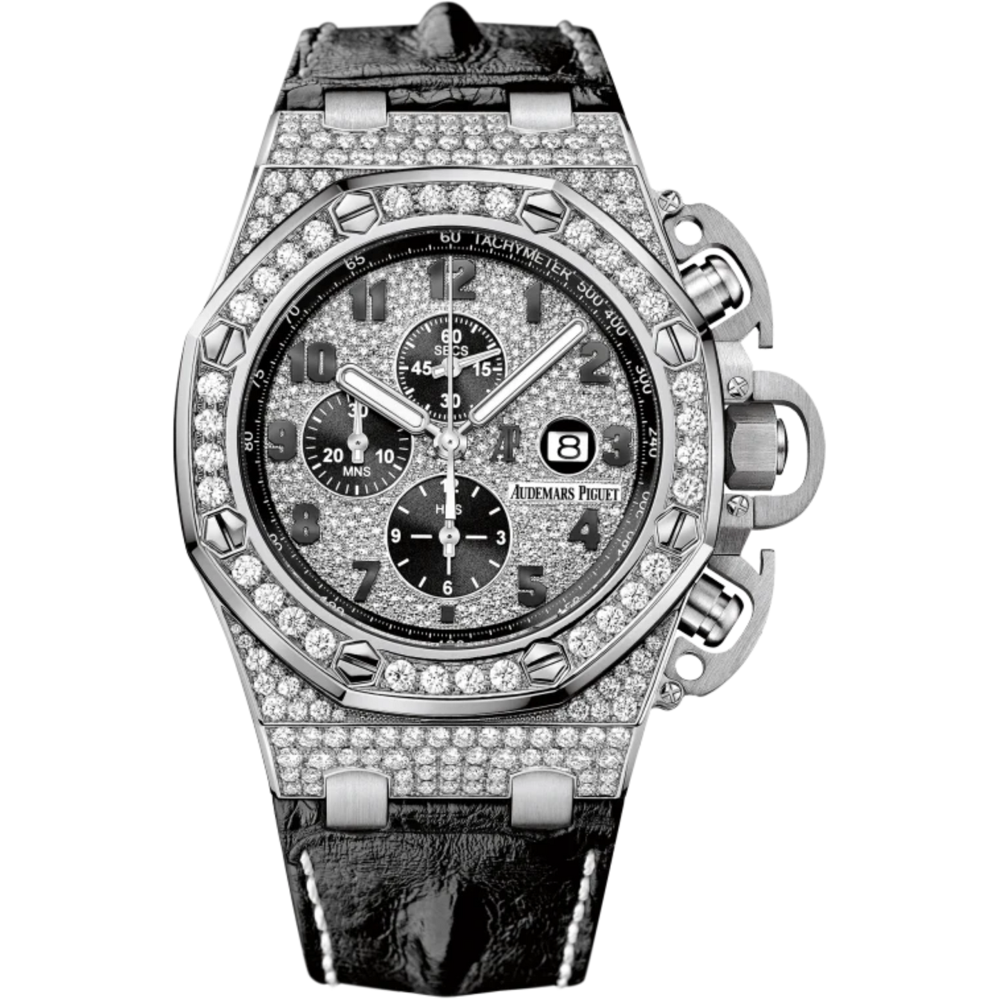 Royal Oak Offshore Chronograph 48MM Black Alligator Strap Diamond-Paved Dial 18-Carat White Gold Case Diamond-Set Bezel