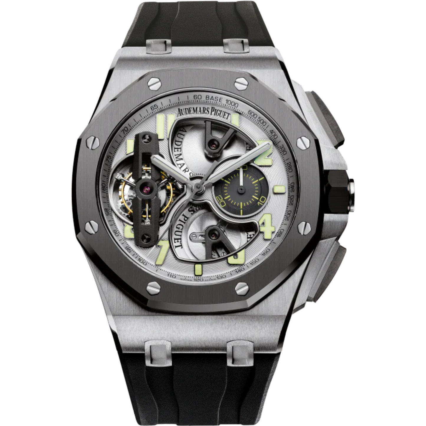 Royal Oak Offshore Tourbillon Chronograph 44MM Black Rubber Strap Silver-Toned Dial Openworked at 6, 9 and 12 O’Clock Titanium Case