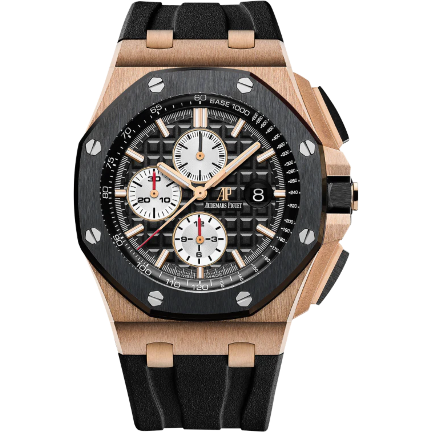 Royal Oak Offshore Chronograph 44MM Black Rubber Strap Black Dial With Méga Tapisserie Pattern 18-Carat Pink Gold Case Black Ceramic Bezel