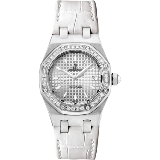 Royal Oak Selfwinding 33MM White Alligator Strap Silver-Toned Dial With Grande Tapisserie Pattern Stainless Steel Case Bezel Set With Brilliant-Cut Diamonds