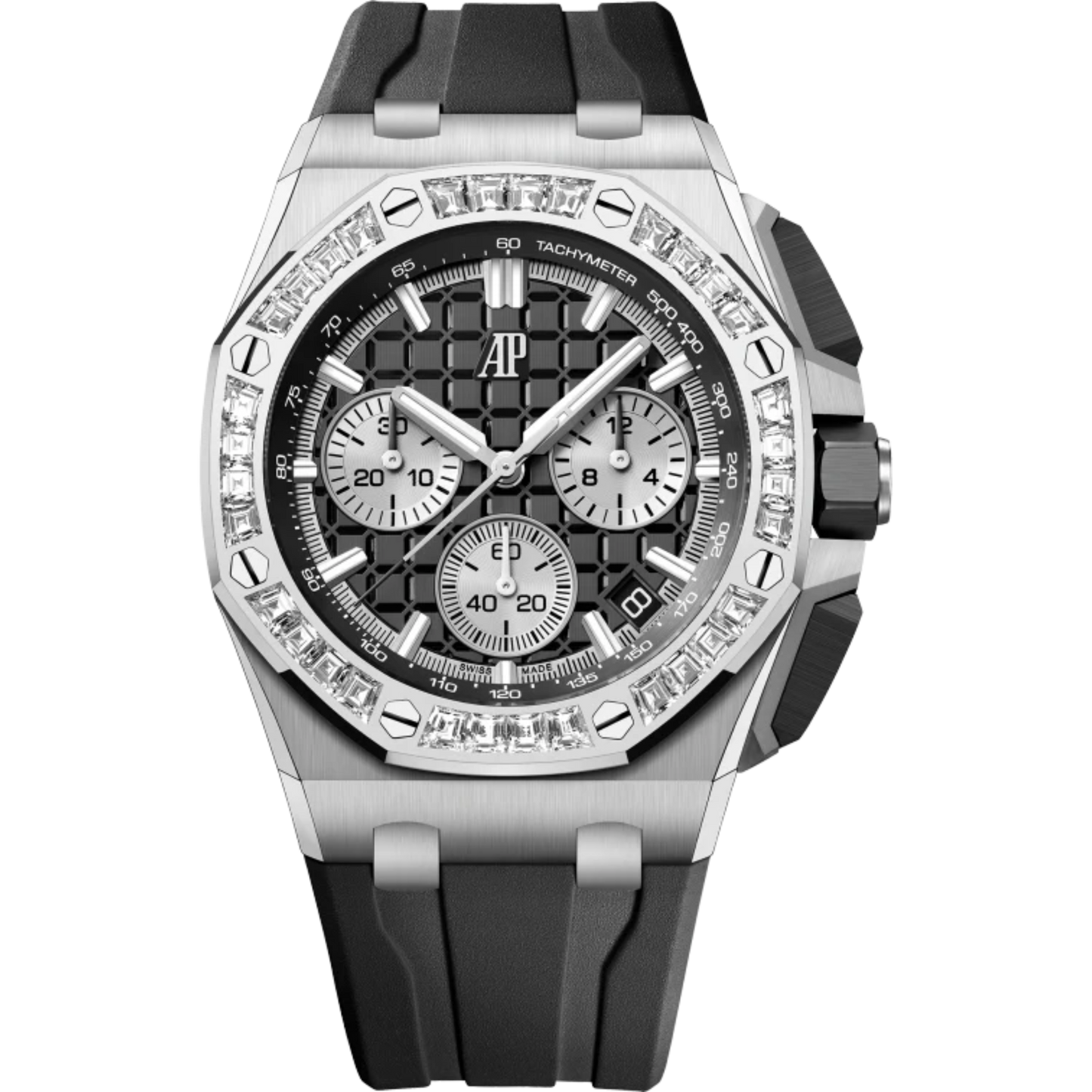 Royal Oak Offshore Selfwinding Chronograph 43MM Black Rubber Strap Black Dial With Méga Tapisserie Pattern 18-Carat White Gold Case Bezel Set With Baguette-Cut Diamonds