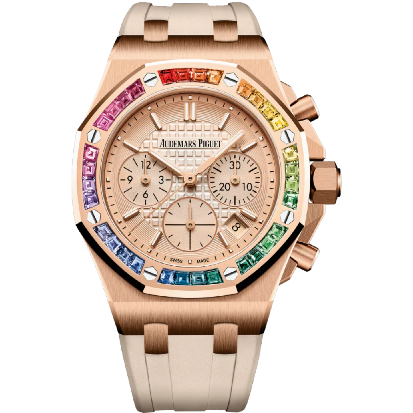 Royal Oak Offshore Selfwinding Chronograph 37MM Beige Rubber Strap Smoked Pink Gold-Toned Dial With Lady Tapisserie Pattern 18-Carat Pink Gold Case Bezel Set With Baguette-Cut Rainbow-Coloured Sapphires