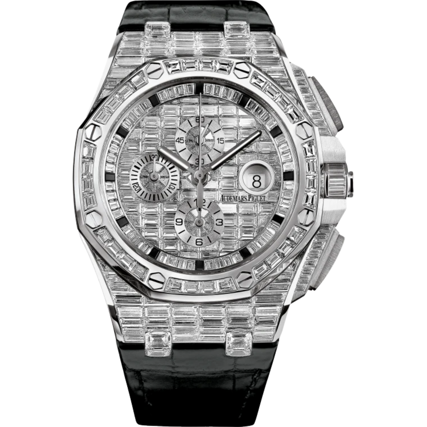 Royal Oak Offshore Chronograph 44MM Black Alligator Strap 18-Carat White Gold Dial Paved With Baguette-Cut Diamonds 18-Carat White Gold Case Entirely Set With Baguette-Cut Diamonds