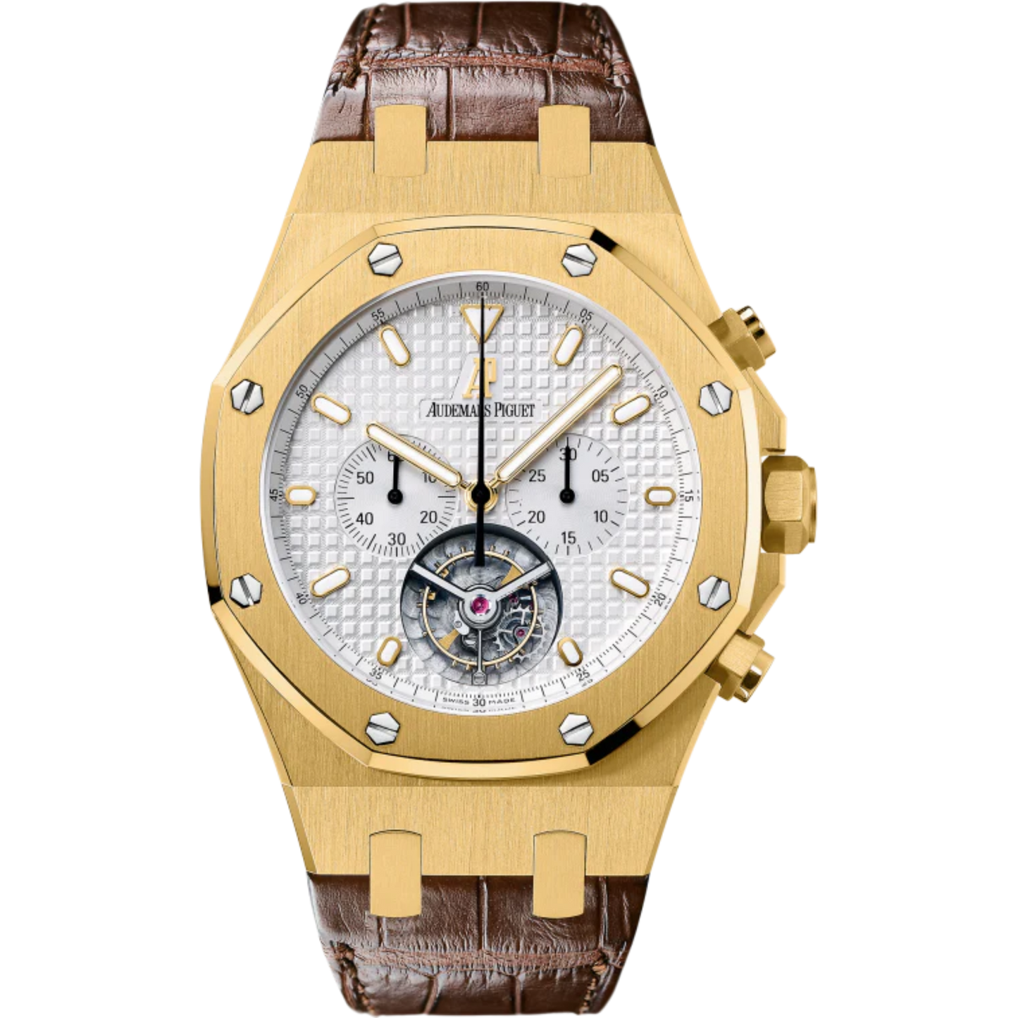 Royal Oak Tourbillon Chronograph 44MM Brown Alligator Strap Silver-Toned Dial With Grande Tapisserie Pattern 18-Carat Yellow Gold Case