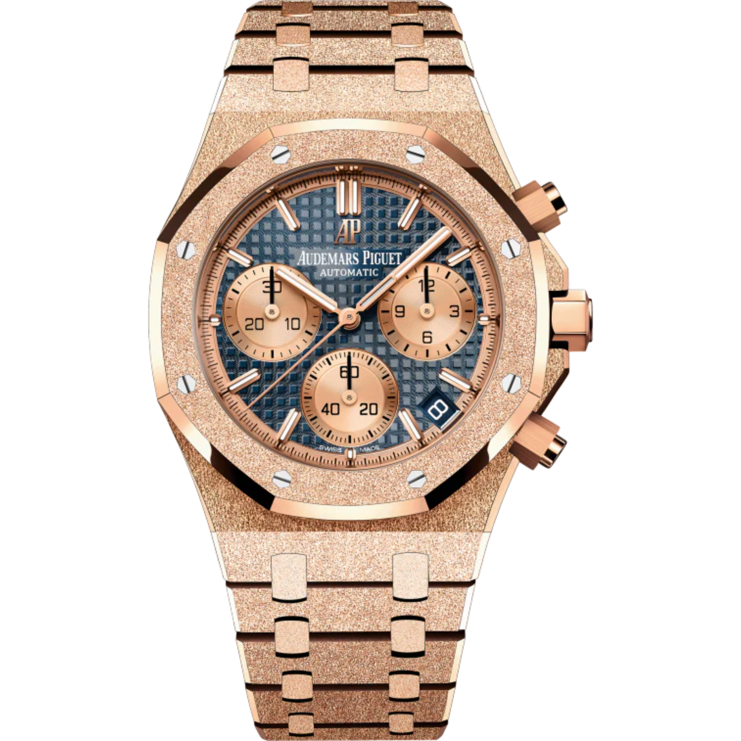 Royal Oak Frosted Gold Selfwinding Chronograph 41MM Hammered 18-Carat Pink Gold Bracelet Blue Dial With Grande Tapisserie Pattern Hammered 18-Carat Pink Gold Case