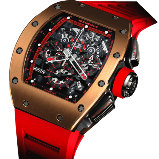 RM 011 Limited Edition Red Demon Rubber Strap Titanium Tonneau Case With a Rose Gold Bezel
