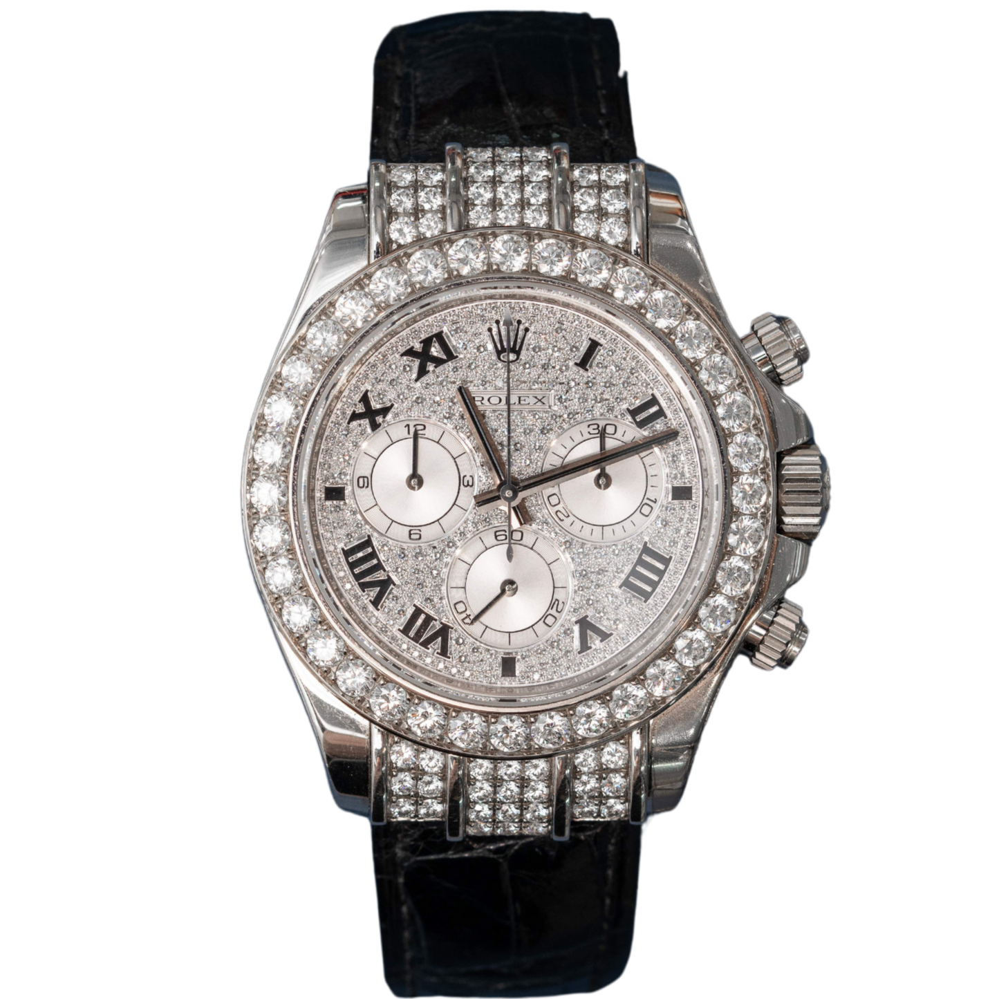 Rolex Daytona Ref. 116599BR White Gold Factory Diamond Set Dial/Bezel/Lugs on Blue Leather Strap with Roman Markers