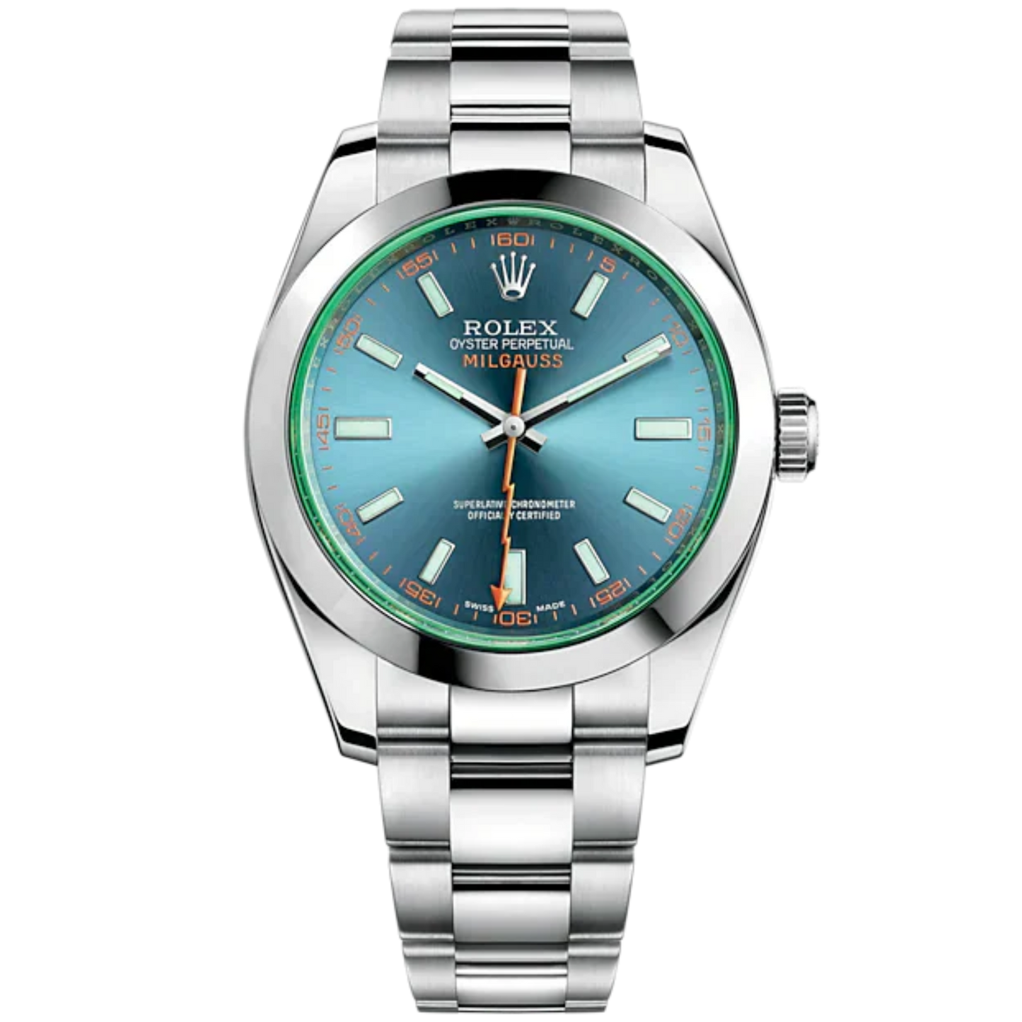 Milgauss 40mm Oyster Bracelet Oystersteel and Green Sapphire Crystal with Z-Blue Dial Smooth Bezel