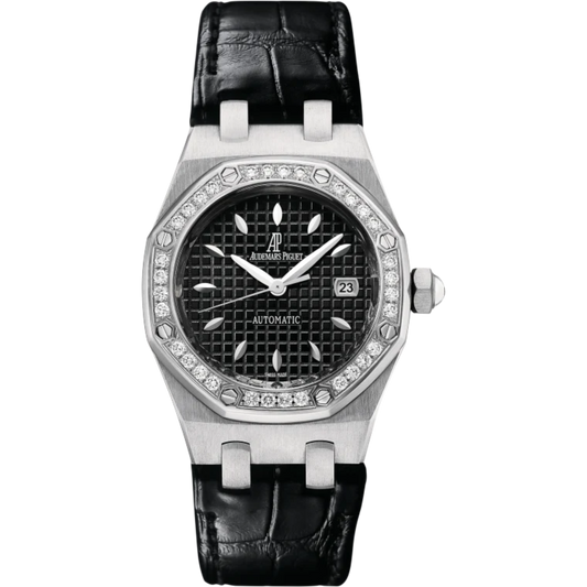 Royal Oak Selfwinding 33MM Black Alligator Strap Black Dial With Grande Tapisserie Pattern Stainless Steel Case Bezel Set With Brilliant-Cut Diamonds