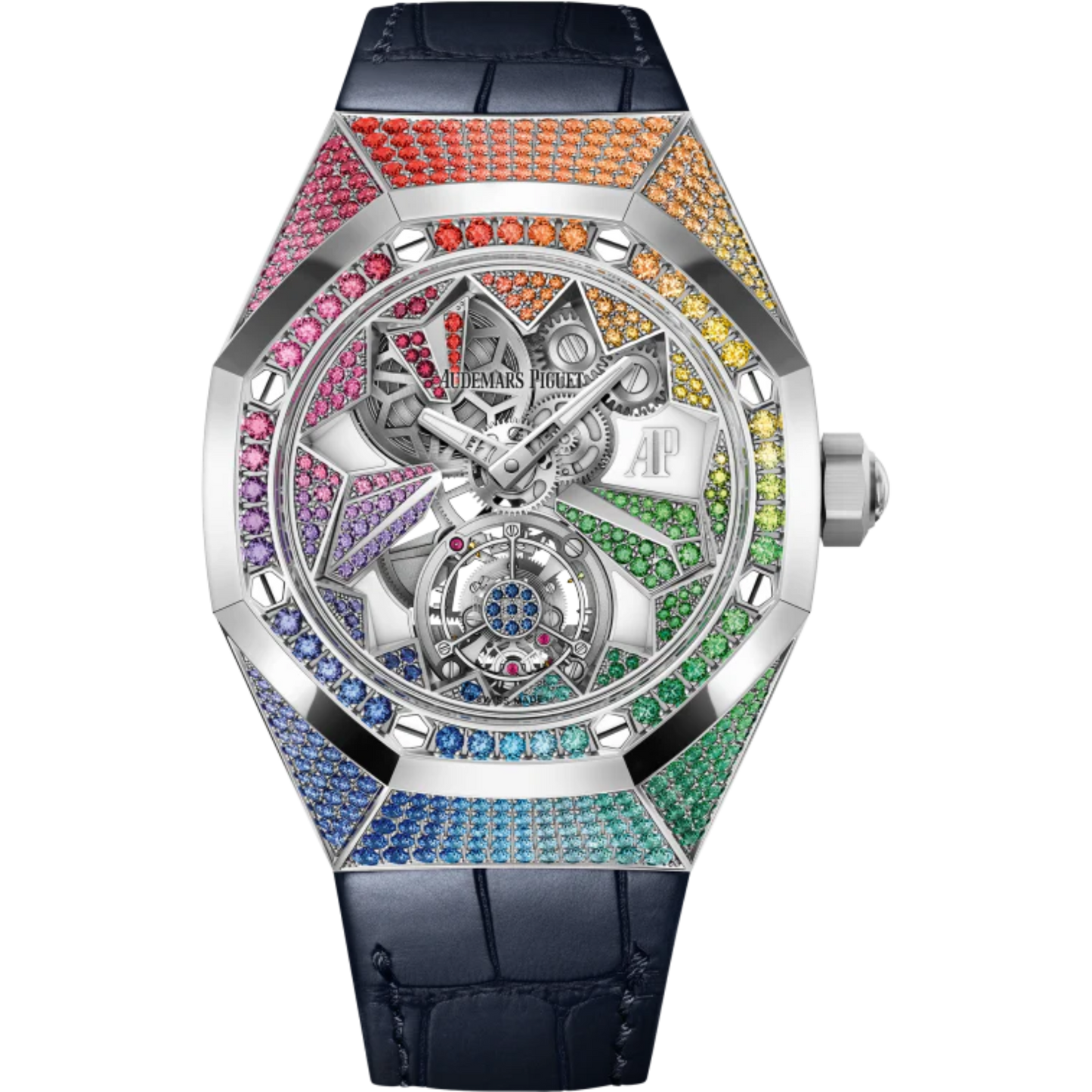 Royal Oak Concept 38.5mm Flying Tourbillon Blue Aligator Strap with 18-Carat White Gold Dial Case Entirely Set Gemstones