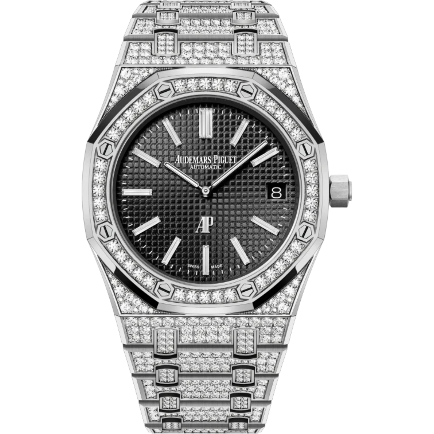 Royal Oak Jumbo Extra-Thin 39MM Diamond-Set 18-Carat White Gold Bracelet Black Dial With Petite Tapisserie Pattern 18-Carat White Gold Case Set With Brillant-Cut Diamonds