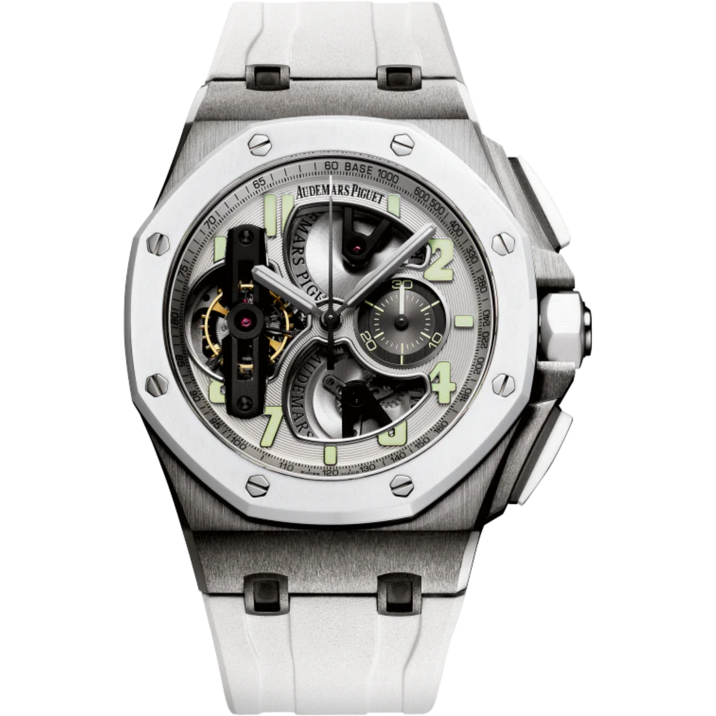 Royal Oak Offshore Tourbillon Chronograph 44MM White Rubber Strap Silver-Toned Dial Openworked at 6, 9 and 12 O’Clock, Black Counter Titanium Case White Ceramic Bezel