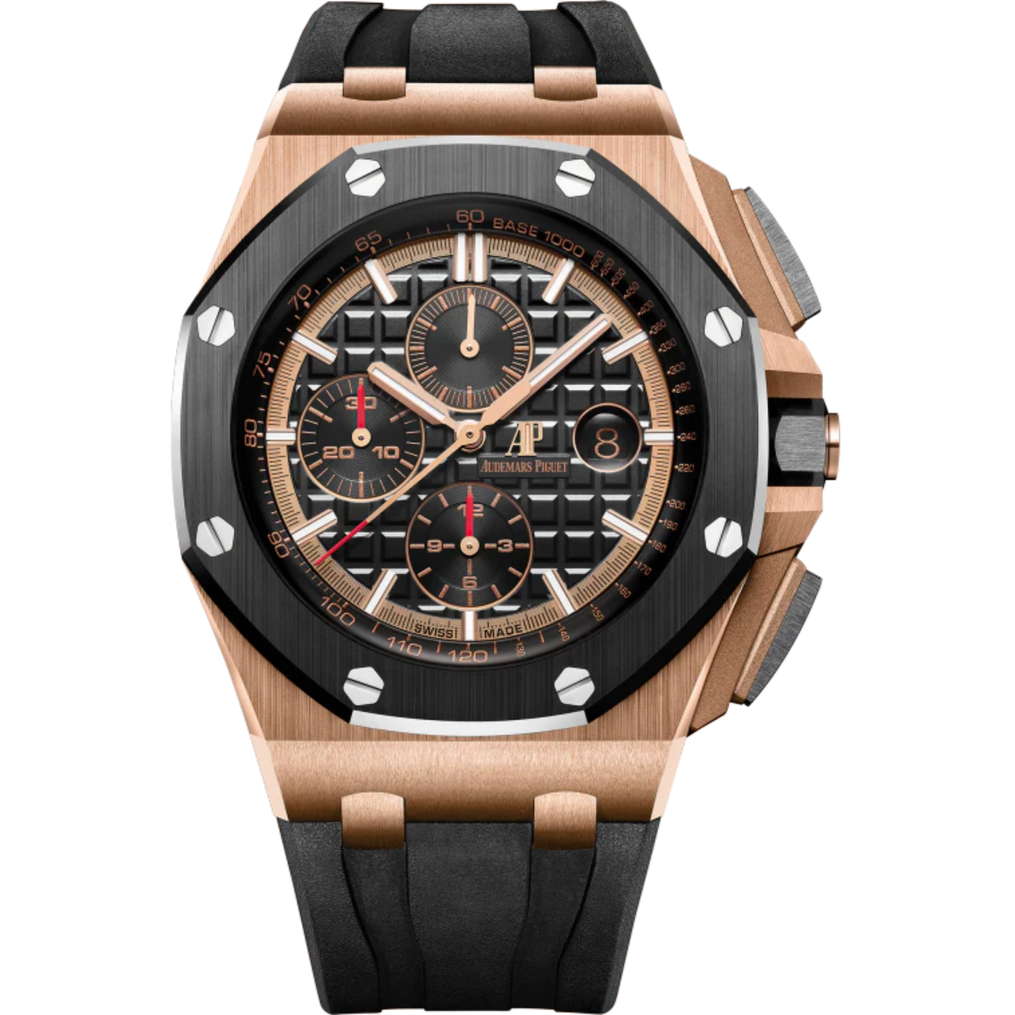 Royal Oak Offshore Selfwinding Chronograph 44MM Black Rubber Strap Black Dial With Mega Tapisserie Pattern 18-Carat Pink Gold Case Black Ceramic Bezel