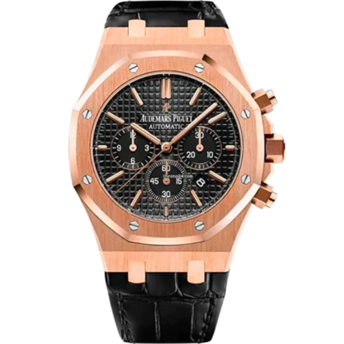 26320OR.OO.1220OR.01 41MM Rose Gold Royal Oak Chronograph Black Dial on Leather