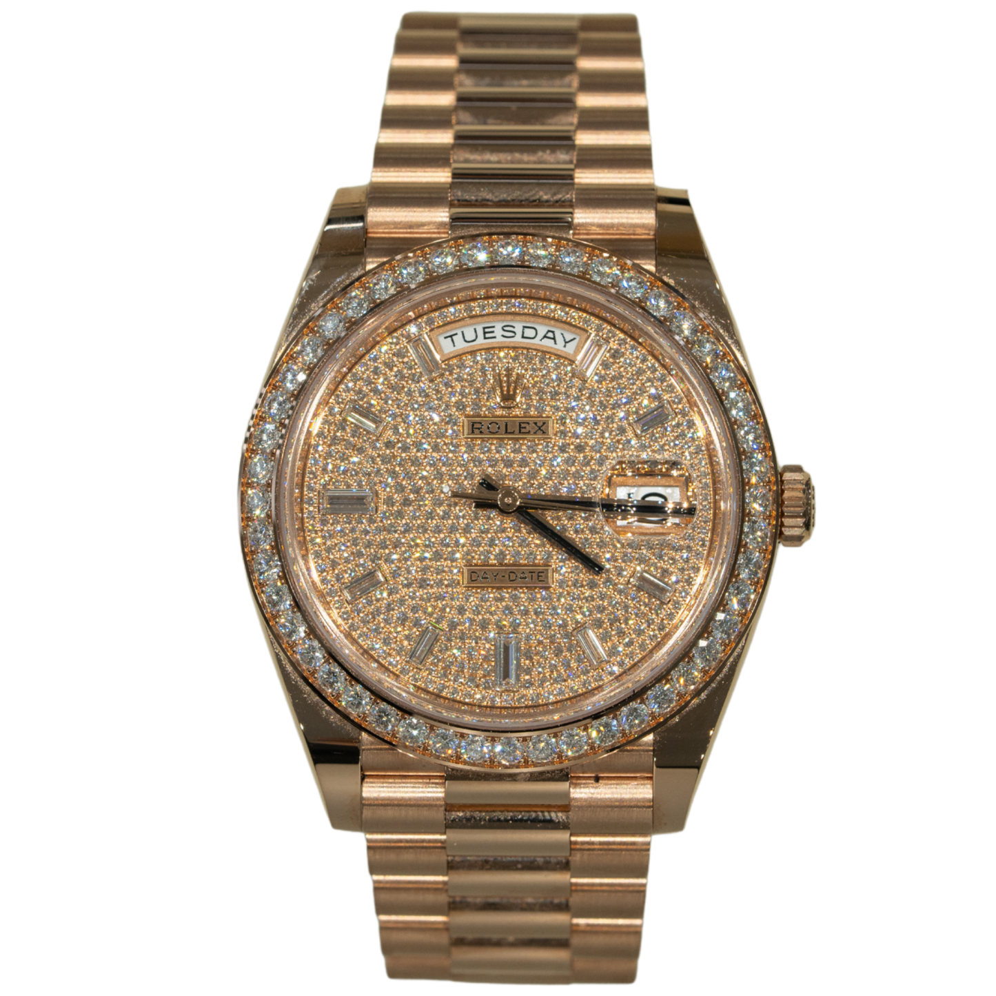 Rolex Day Date Ref. 228345RBR 40MM Rose Gold Pave Dial/Baguette Markers with Diamond Bezel