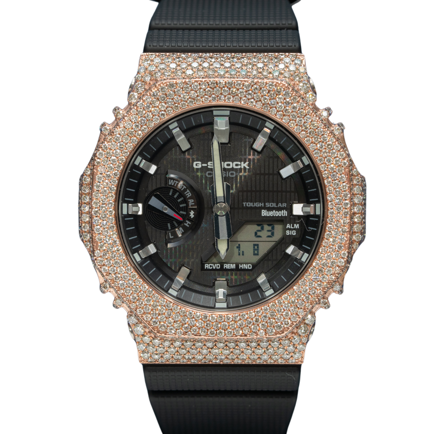 Casio Iced out G-SHOCK Honeycomb Setting All Rose Bezel 8.20 CTW Diamonds Black Dial