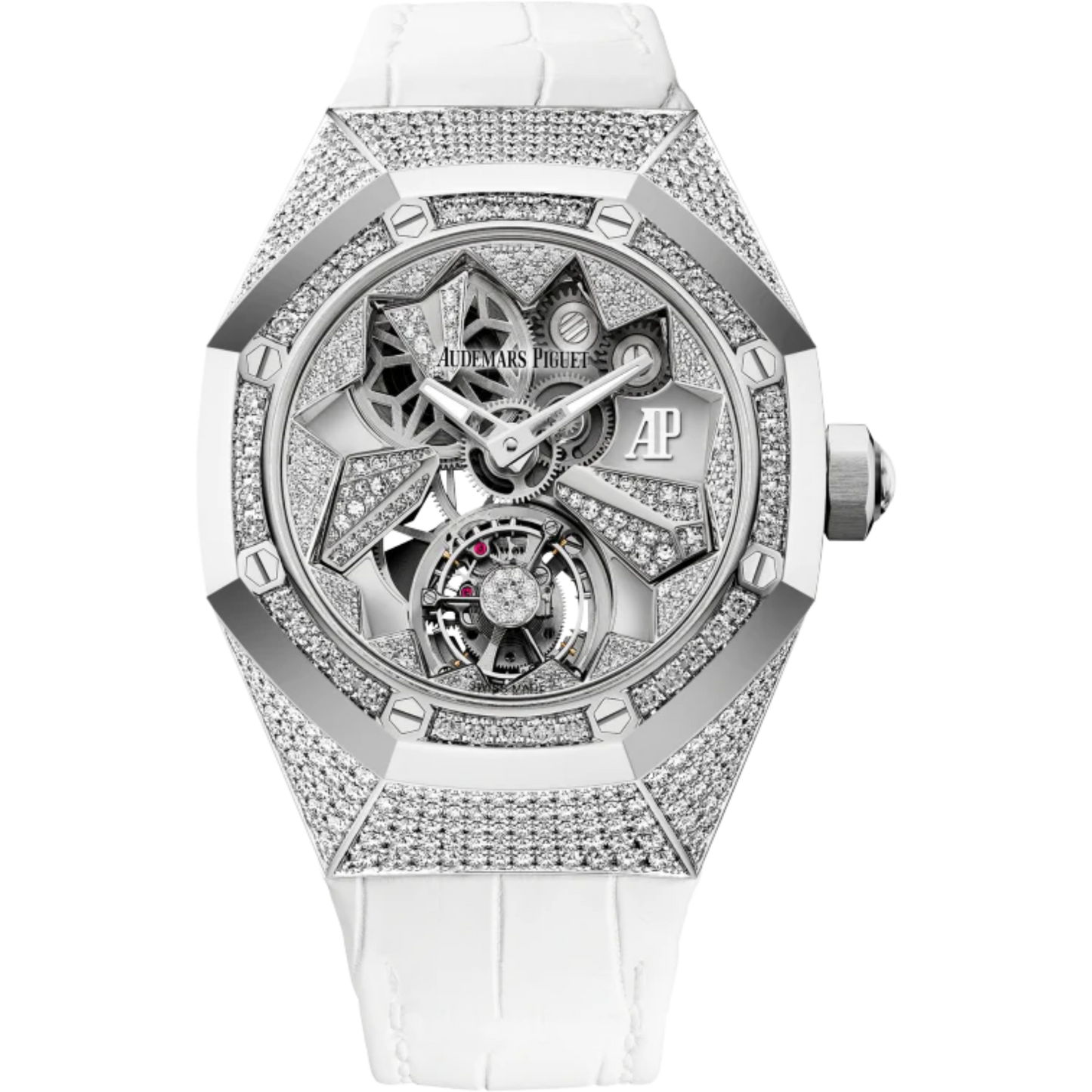 Royal Oak Concept 38.5mm Flying Tourbillon White Aligator Strap with 18-Carat White Gold Case Entirely Set Diamonds