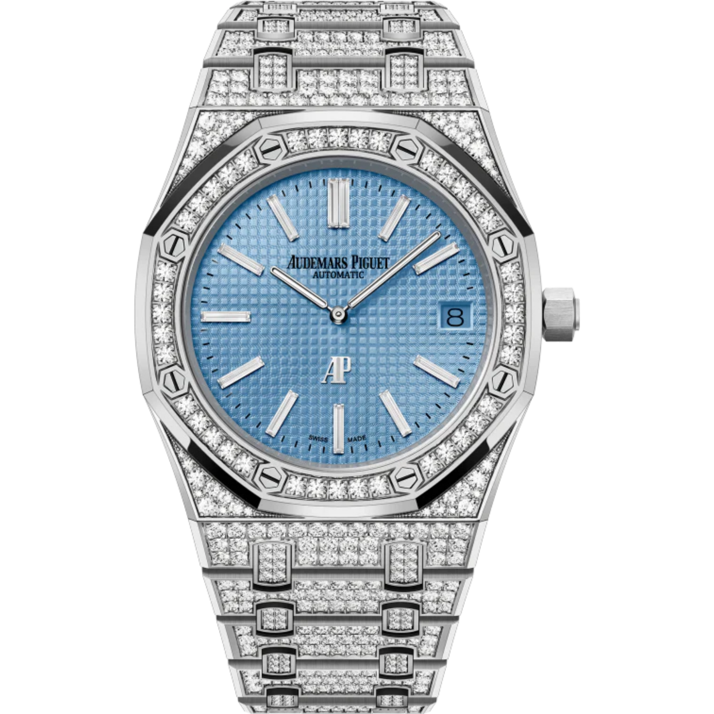 Royal Oak Jumbo Extra-Thin 39MM Diamond-Set 18-Carat White Gold Bracelet Light Blue Dial With Petite Tapisserie Pattern 18-Carat White Gold Case Set With Brillant-Cut Diamonds