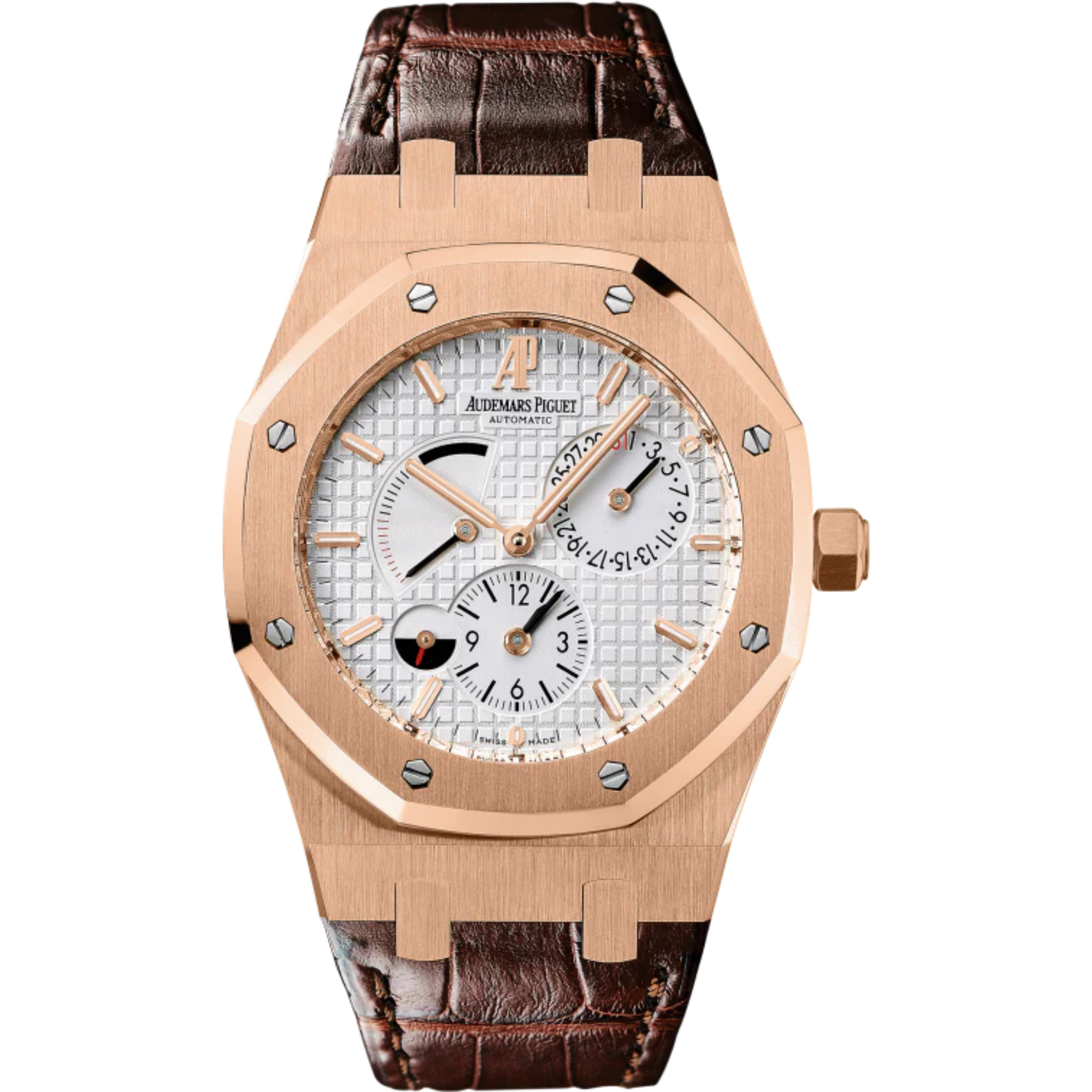 Royal Oak Dual Time 39MM Brown Alligator Strap Silver-Toned Dial With Grande Tapisserie Pattern 18-Carat Pink Gold Case