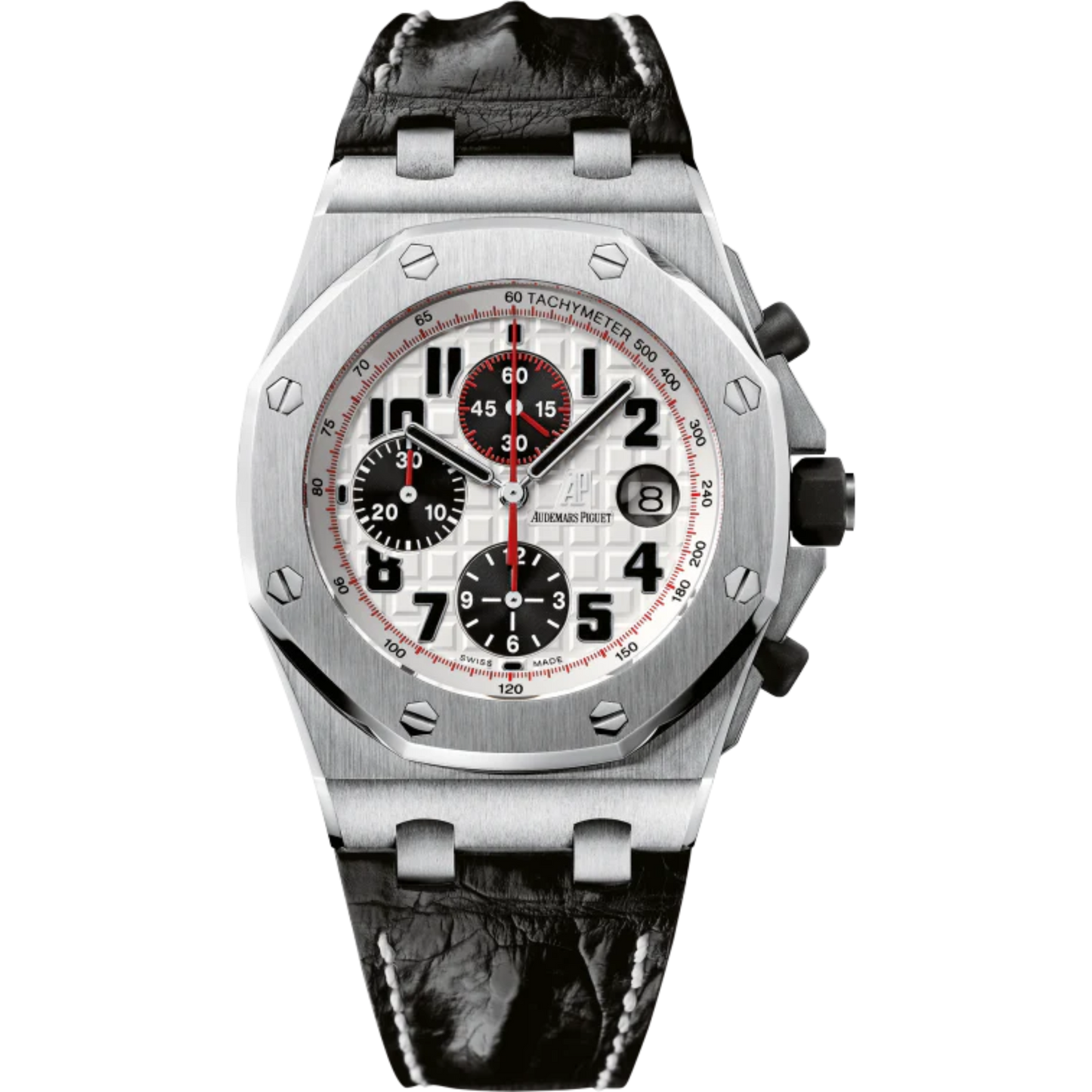 Royal Oak Offshore Chronograph 42MM Black Leather Strap Silvered Dial With Méga Tapisserie Pattern Stainless Steel Case