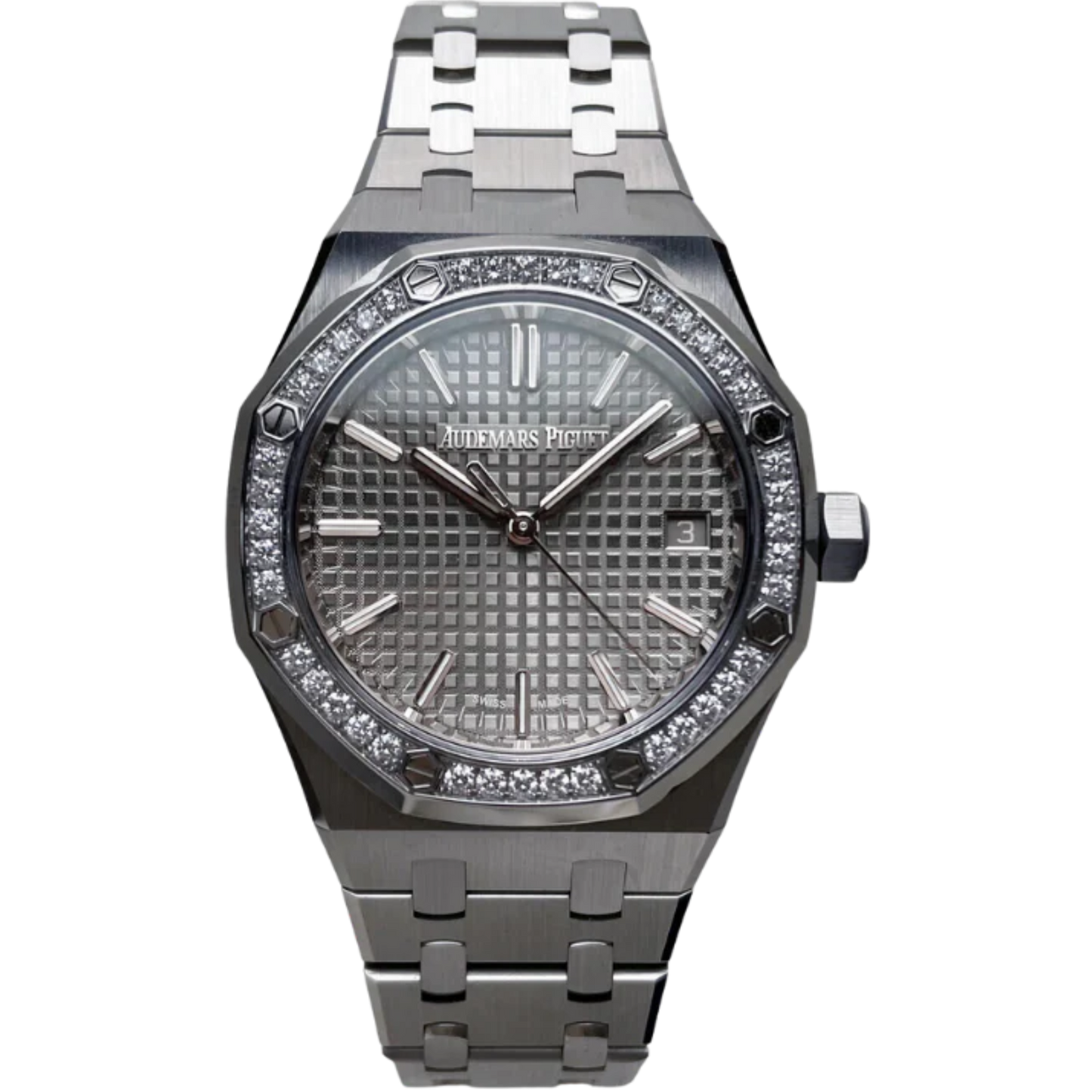 15551ST.ZZ.1356ST.03 37MM Stainless Steel 50th Anniversary Grey Dial Royal Oak with Diamond Bezel