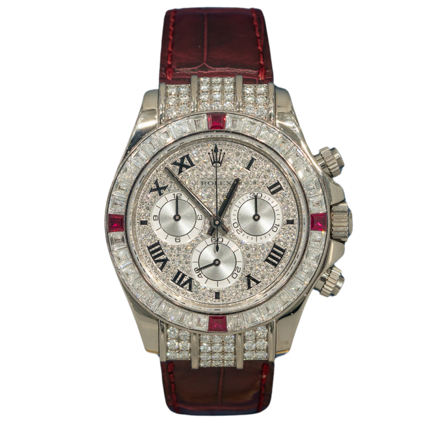 Rolex Daytona Ref. 116599RU White Gold Factory Baguette/Ruby Set on Leather