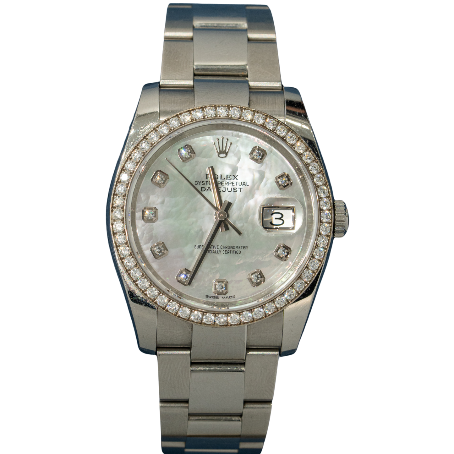 Rolex Datejust Ref. 116244 36mm Stainless Steel Oyster Bracelet White Mother of Pearl Factory Diamond Dial
