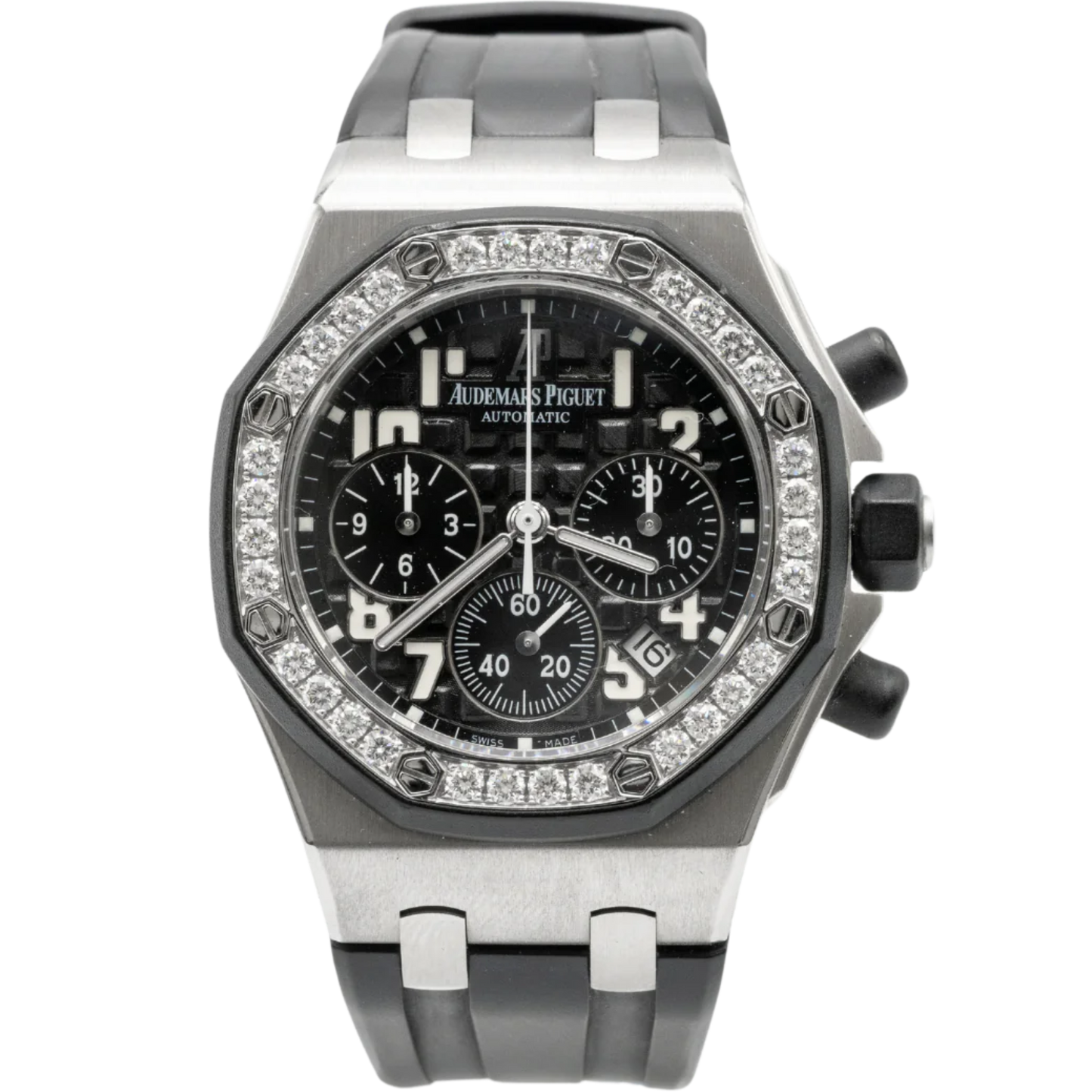 Royal Oak Offshore Chronograph 37MM Black Rubber Strap Black Dial With Méga Tapisserie Pattern Stainless Steel Case Diamond-Set Bezel
