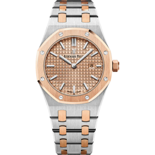 Royal Oak Quartz 33MM Stainless Steel and 18-Carat Pink Gold Bracelet Pink Gold-Toned Dial With Grande Tapisserie Pattern Stainless Steel Case 18-Carat Pink Gold Bezel