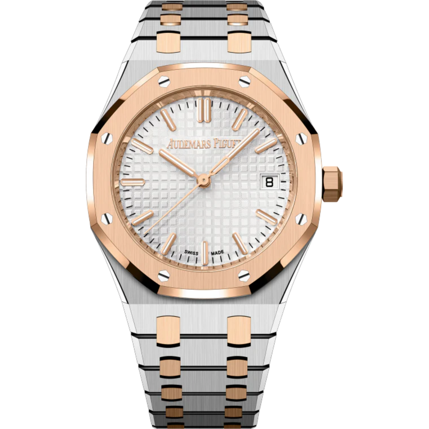Royal Oak Selfwinding 50th Anniversary 34MM Stainless Steel Bracelet With 18-Carat Pink Gold Links Silver-Toned Dial With Grande Tapisserie Pattern Stainless Steel Case and 18-Carat Pink Gold Bezel