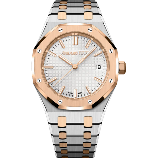 Royal Oak Selfwinding 50th Anniversary 34MM Stainless Steel Bracelet With 18-Carat Pink Gold Links Silver-Toned Dial With Grande Tapisserie Pattern Stainless Steel Case and 18-Carat Pink Gold Bezel