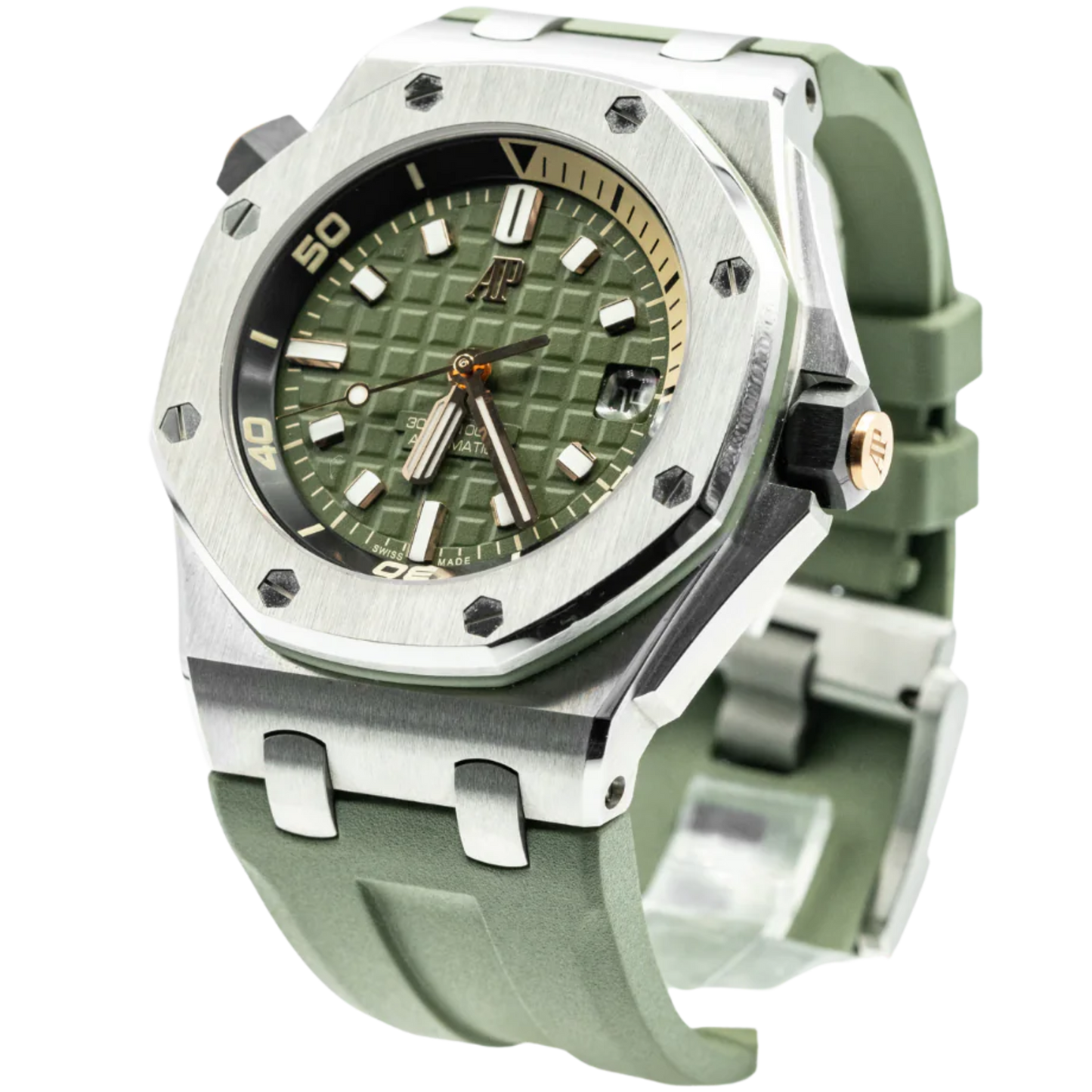 Royal Oak Offshore Diver 42MM Khaki Green Rubber Strap Khaki Green Dial With Méga Tapisserie Pattern Stainless Steel Case