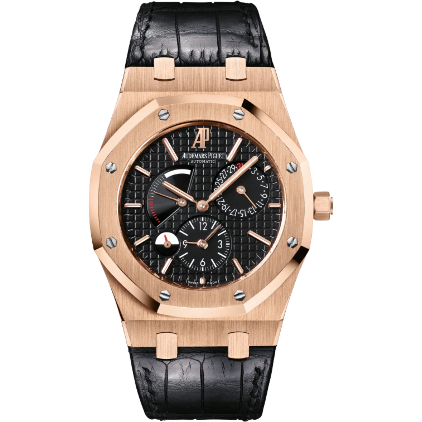 Royal Oak Dual Time 39MM Black Alligator Strap Black Dial With Grande Tapisserie Pattern 18-Carat Pink Gold Case