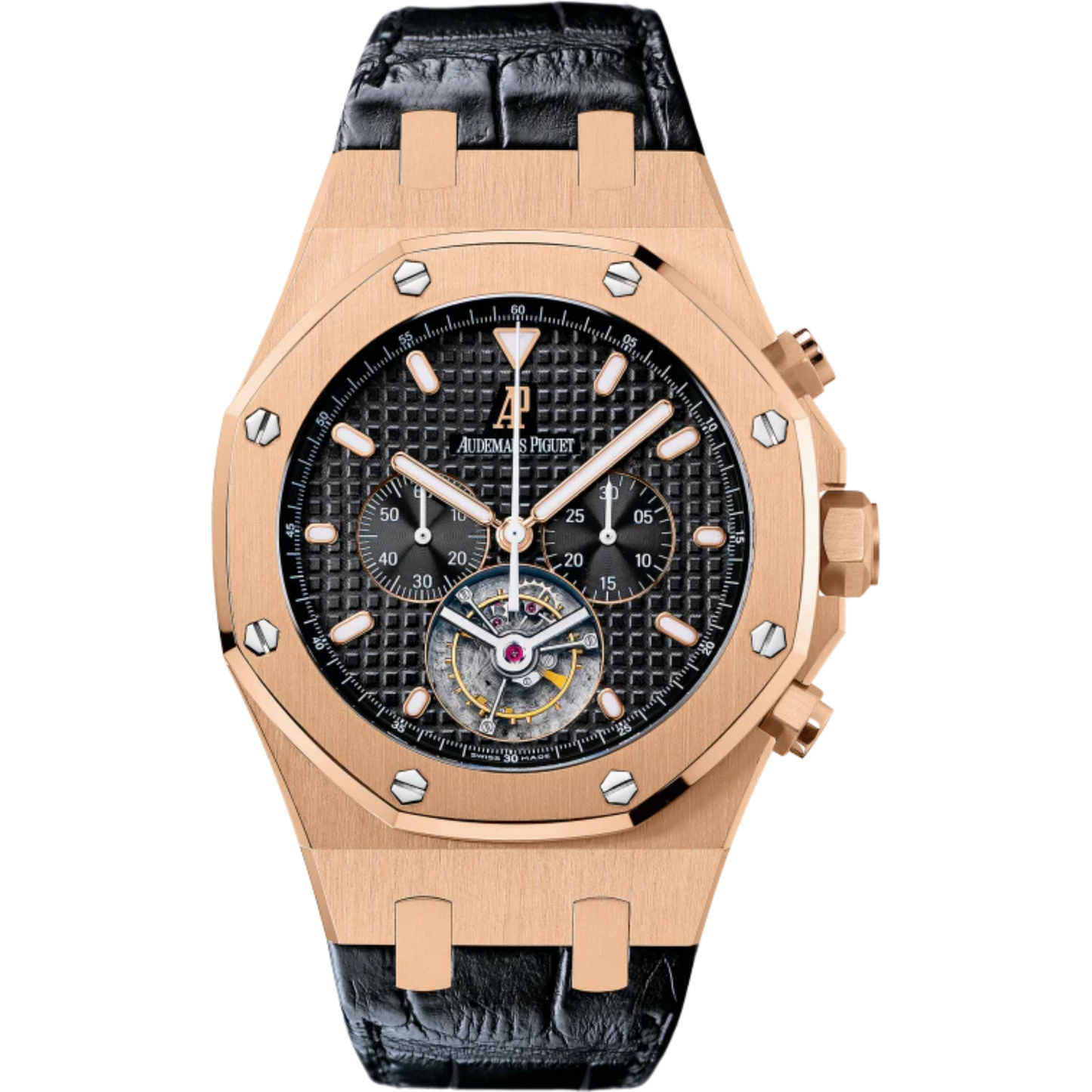 Royal Oak Tourbillon Chronograph 44MM Black Alligator Strap Black Dial With Grande Tapisserie Pattern 18-Carat Pink Gold Case