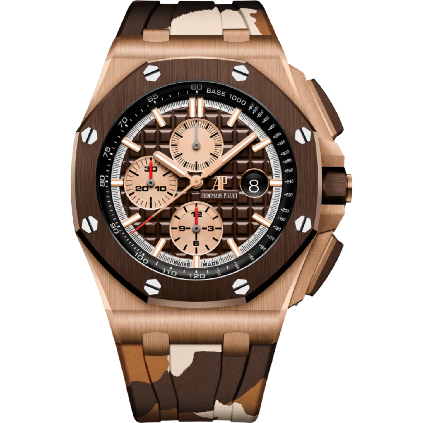 Royal Oak Offshore Selfwinding Chronograph 44MM Brown Camouflage Rubber Strap Brown Dial With Méga Tapisserie Pattern 18-Carat Pink Gold Case Brown Ceramic Bezel
