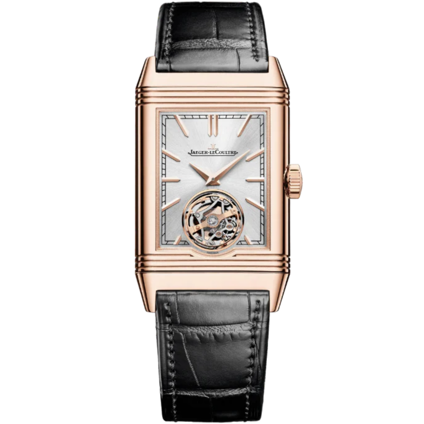 REVERSO TRIBUTE DUOFACE TOURBILLON 46 MM 18K ROSE GOLD WITH SILVER GREY SUNRAY BRUSHED AND BLACK SUNRAY BRUSHED DIAL