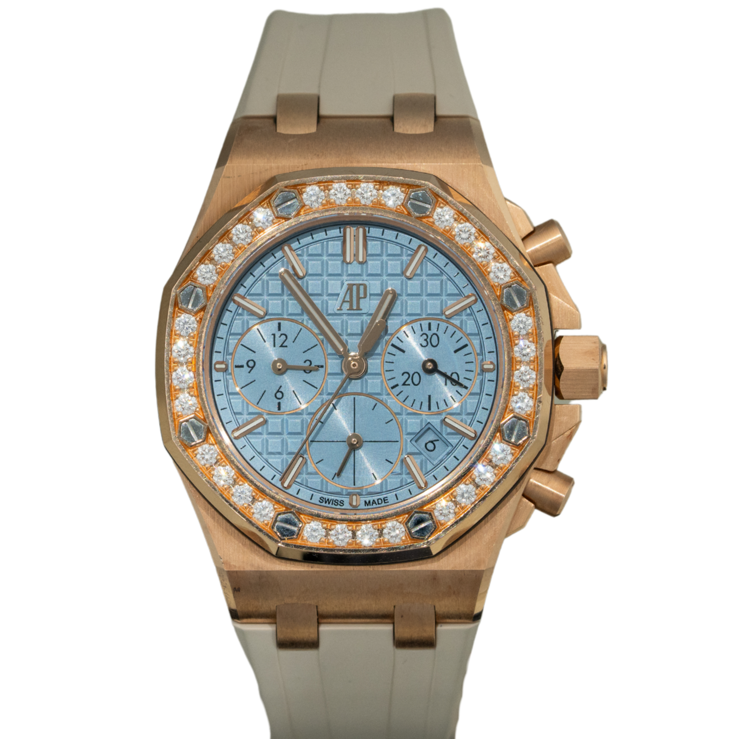 Audemars Piguet Royal Oak Chronograph Ref. 26231OR.ZZ.A085CA.01 37mm Rose Gold Ice Blue Dial with Diamond Bezel on Rubber