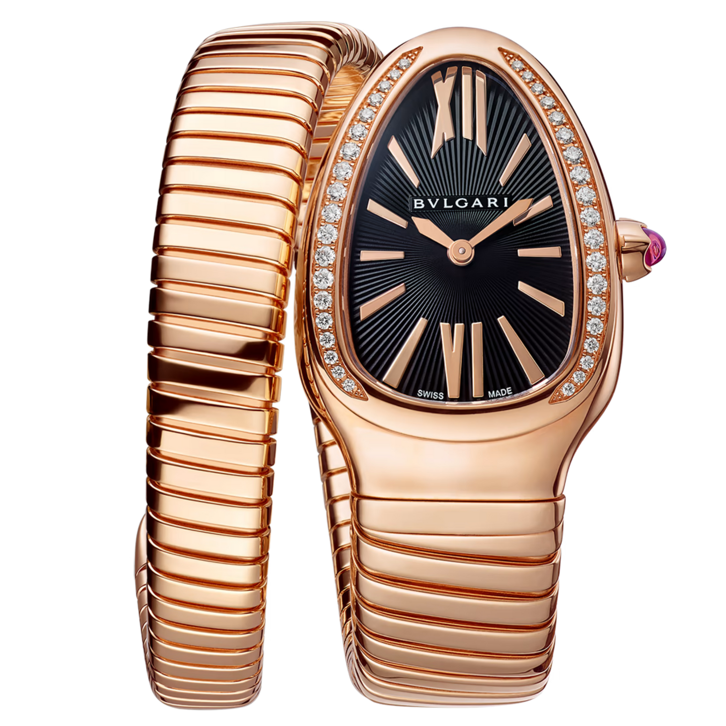 Bvlgari 101815 Serpenti Rose Gold Black Dial Diamond Bezel Single Coil