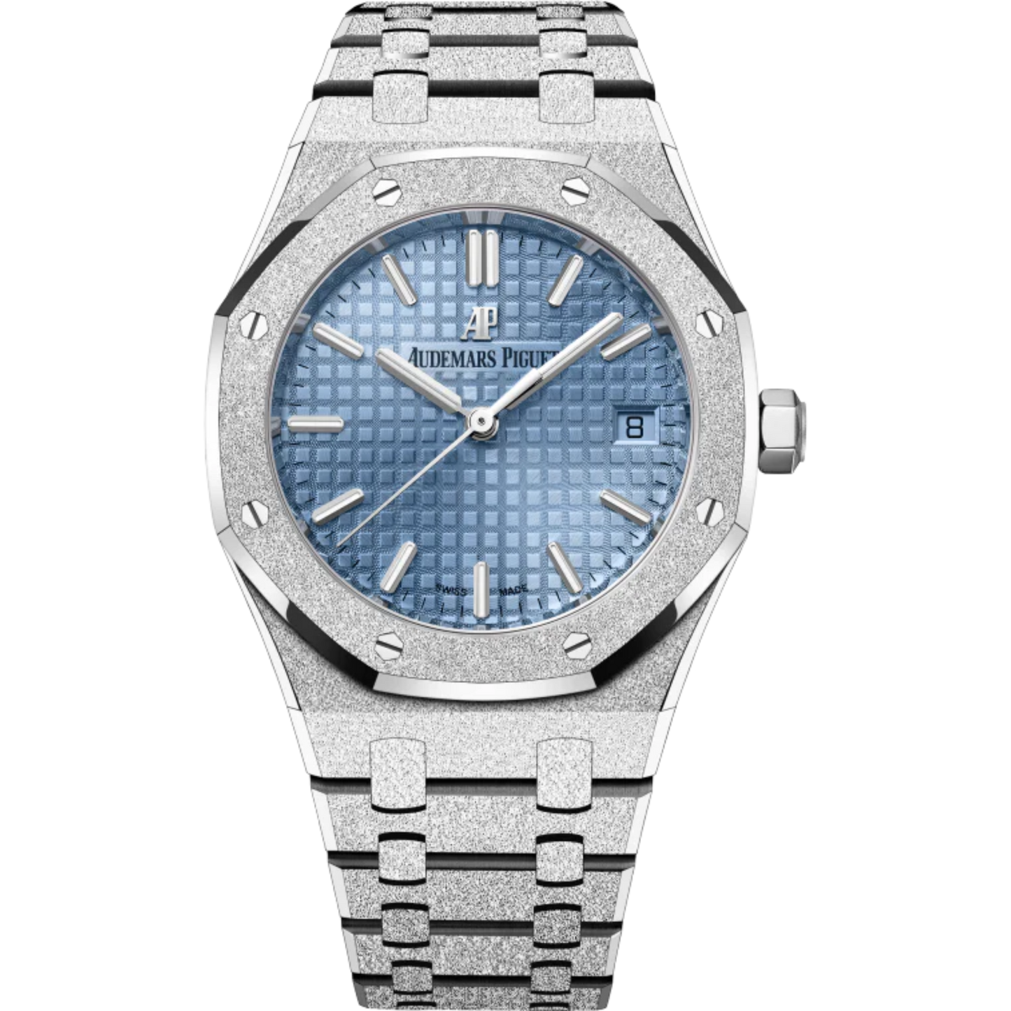 Royal Oak Frosted Gold Selfwinding 34MM Hammered 18-Carat White Gold Bracelet Light Blue Dial With Grande Tapisserie Pattern Hammered 18-Carat White Gold Case