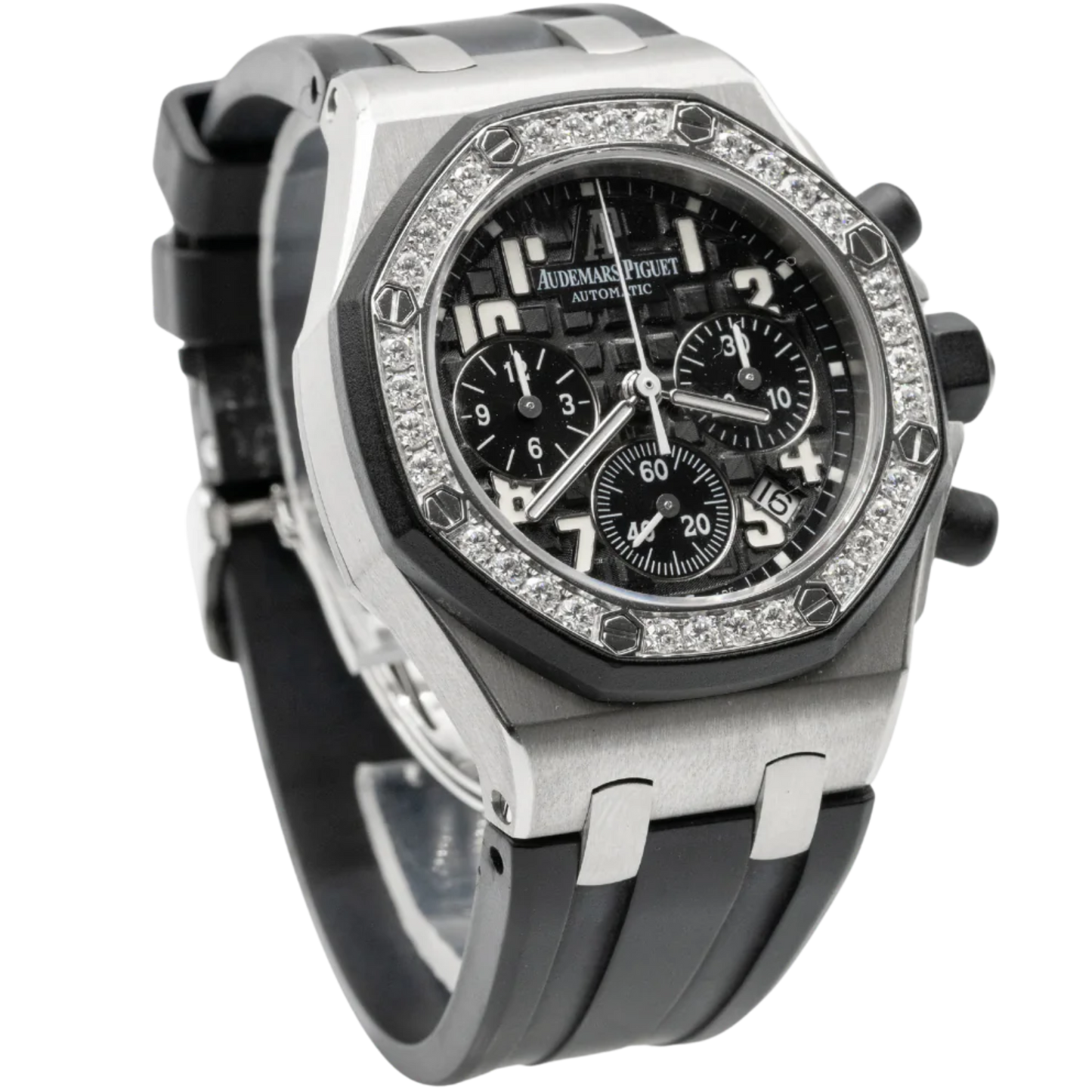 Royal Oak Offshore Chronograph 37MM Black Rubber Strap Black Dial With Méga Tapisserie Pattern Stainless Steel Case Diamond-Set Bezel