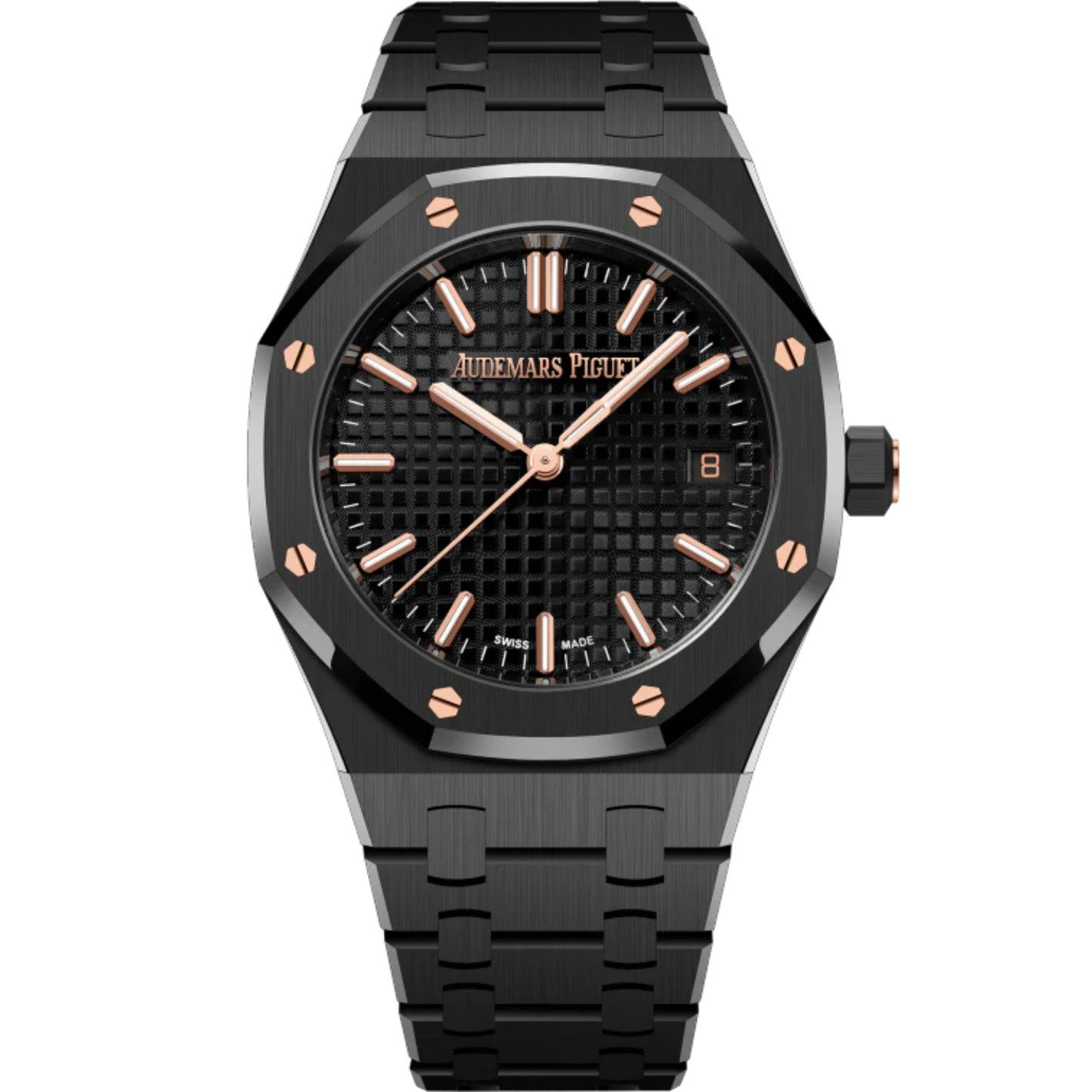 Royal Oak Selfwinding 50th Anniversary 34MM Black Ceramic Bracelet Black Dial With Grande Tapisserie Pattern Black Ceramic Case and 18-Carat Pink Gold Screws