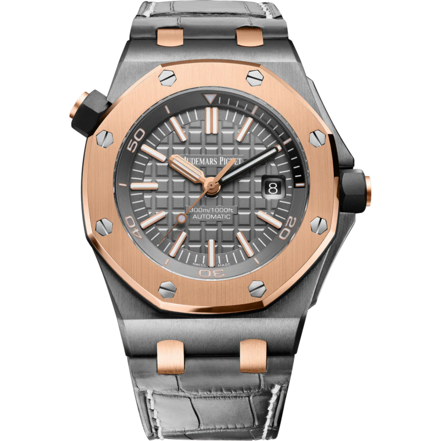 Royal Oak Offshore Diver Qe II Cup 2014 42MM Grey Alligator Strap Slate Grey Dial With Méga Tapisserie Pattern Tantalum Case 18-Carat Pink Gold Bezel
