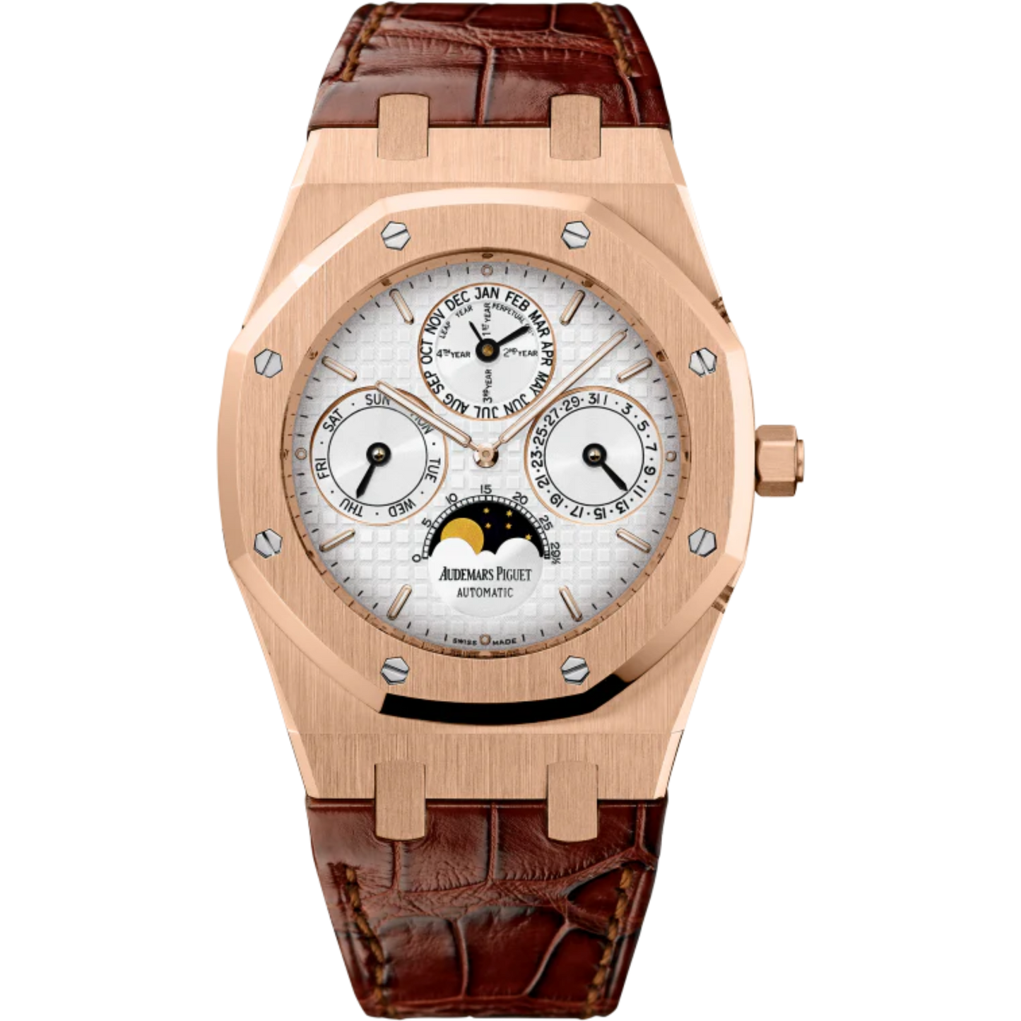 Royal Oak Perpetual Calendar 39MM Brown Alligator Strap Silver-Toned Dial With Grande Tapisserie Pattern 18-Carat Pink Gold Case