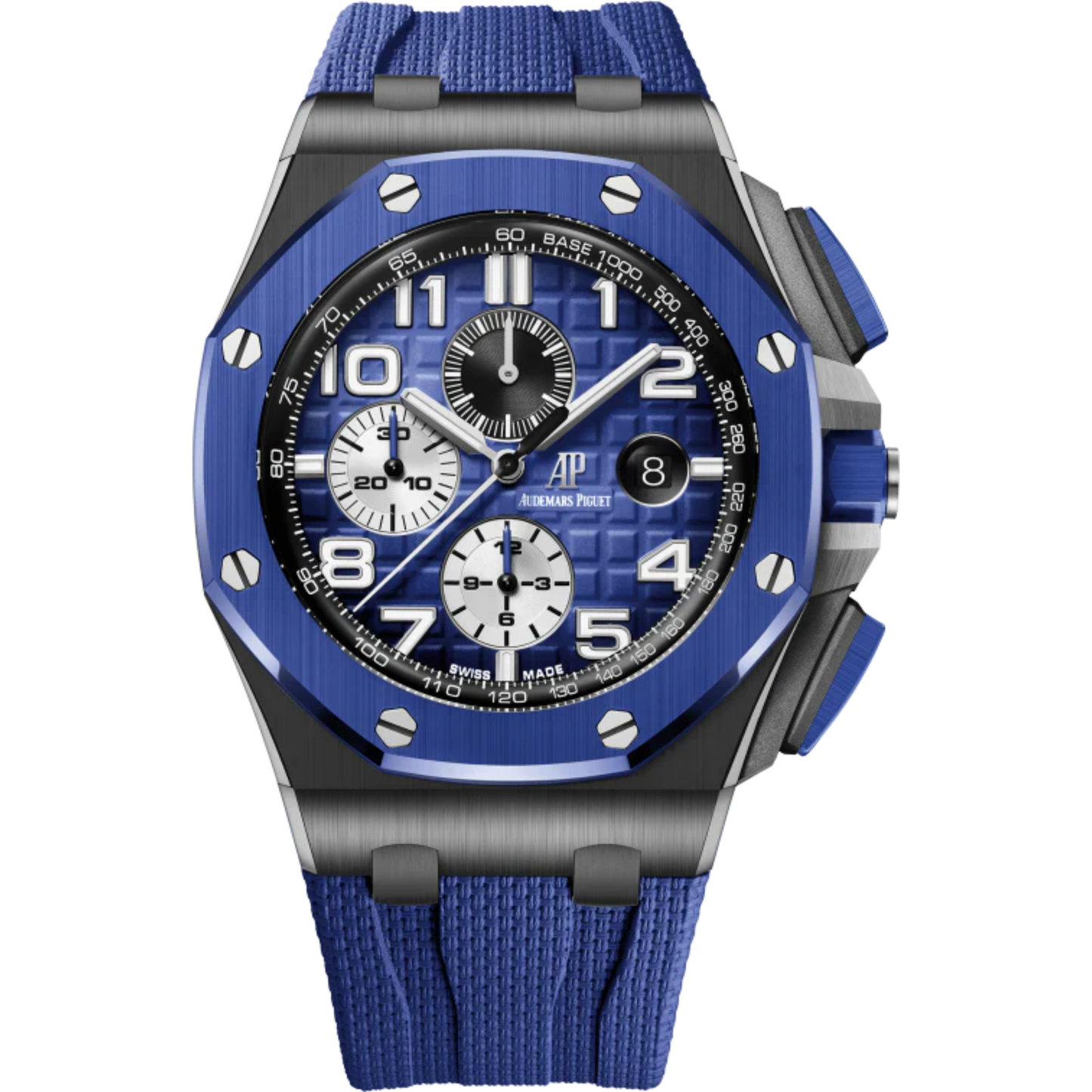 Royal Oak Offshore Selfwinding Chronograph 44MM Blue Rubber Strap With Textile Decoration Smoked Blue Dial With Mega Tapisserie Pattern Black Ceramic Case Blue Ceramic Bezel