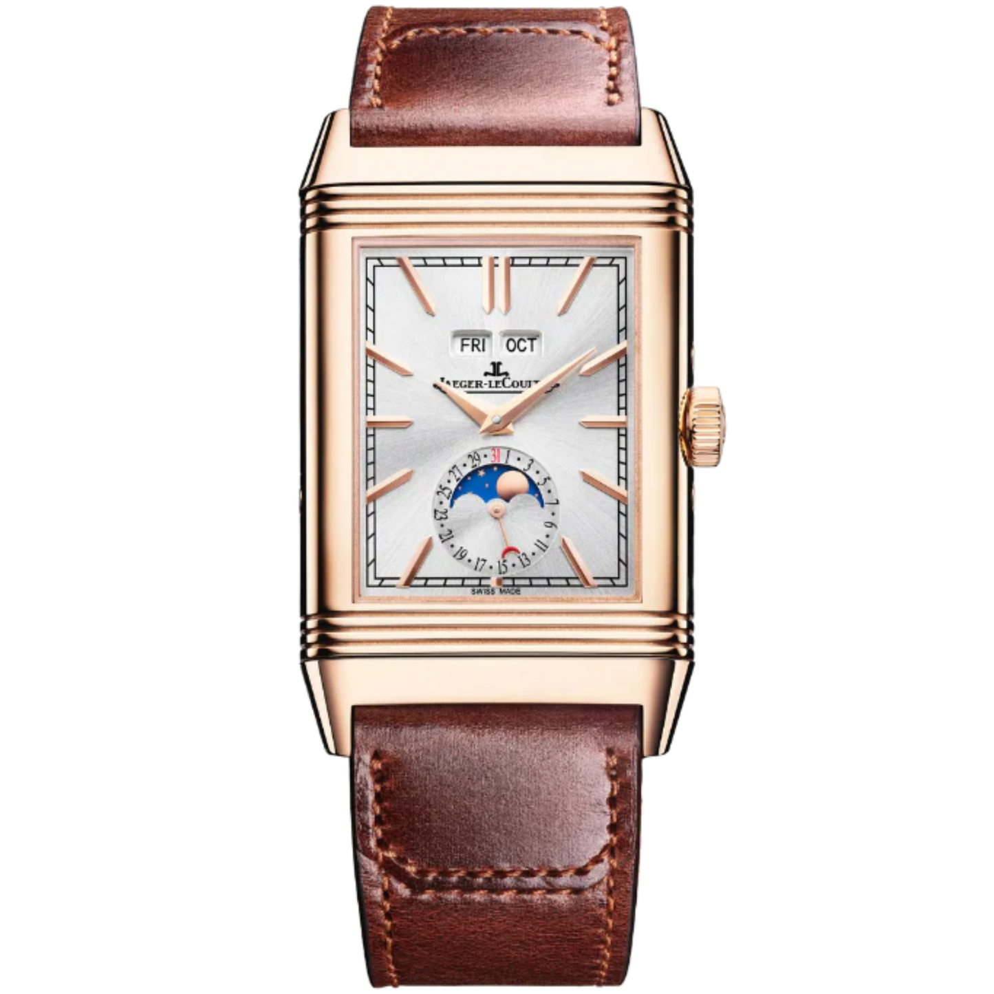 REVERSO TRIBUTE DUOFACE CALENDAR 49 MM 18K ROSE GOLD WITH SILVER GREY AND GRAY SUNRAY BRUSHED DIAL