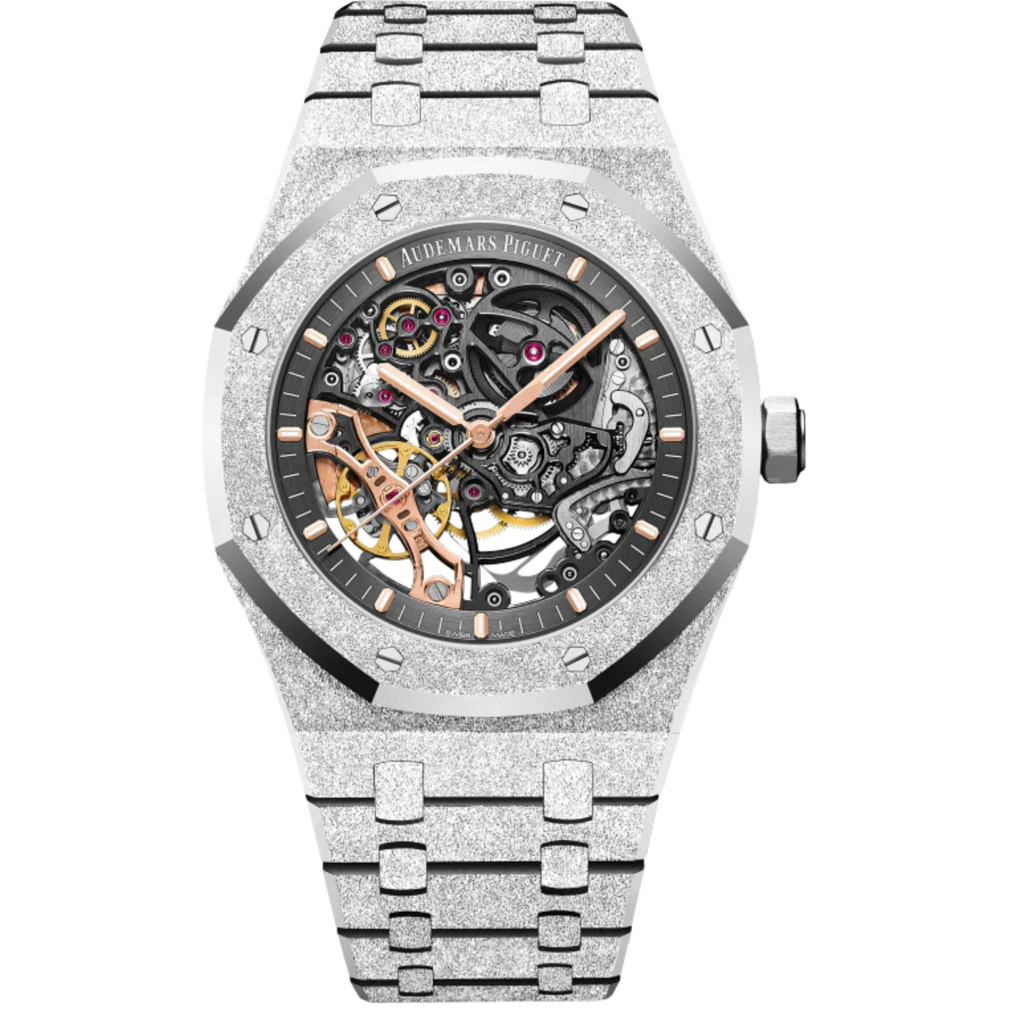 Royal Oak Frosted Gold Double Balance Wheel Openworked 41MM Hammered 18-Carat White Gold Bracelet Openworked Slate Grey Dial Hammered 18-Carat White Gold Case